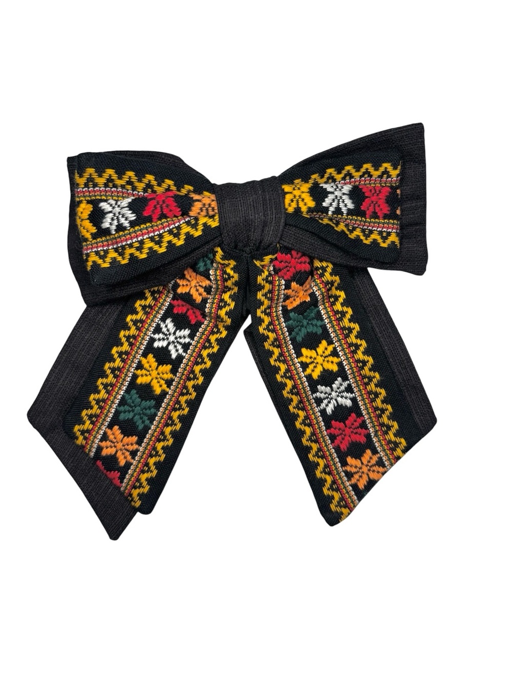 #2 Embroidered Black Bow Hair Clip with Multicolor Floral Detail Handmade